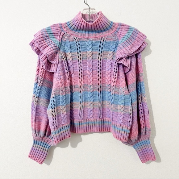 SOMETHING NAVY Ruffle Mock Neck Sweater in Pink Combo Size Medium M - Picture 2 of 7